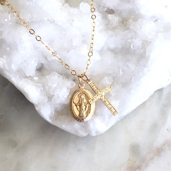 14k GF Miraculous Mary Cross Necklace - Picture 7 of 7